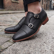 Men's Black Cap-Toe Leather Double Monk Strap Shoes — Ardleigh