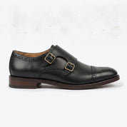 Men's Black Cap-Toe Leather Double Monk Strap Shoes — Tunbridge