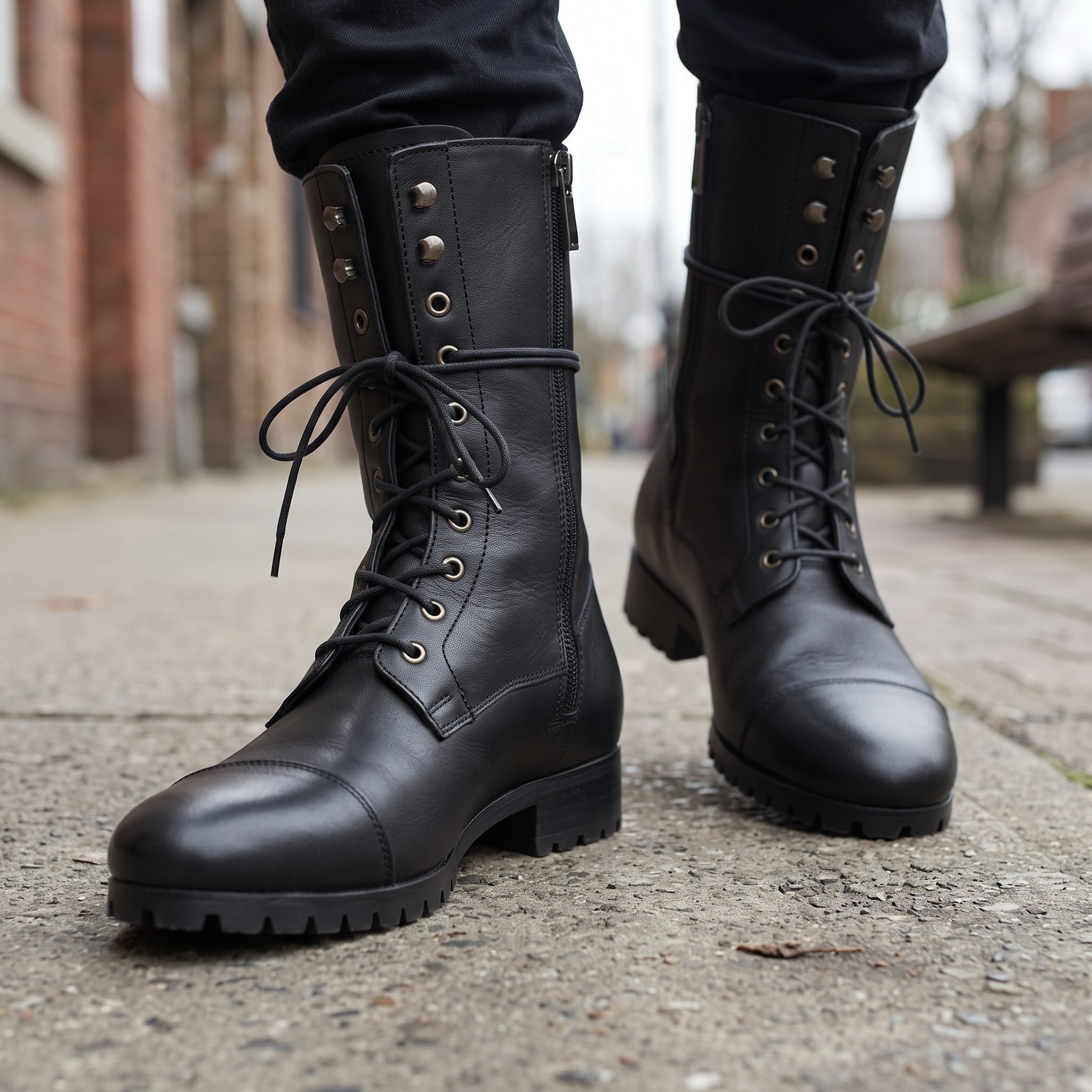 Men's Black Cap-Toe Leather Combat Boots — Purcell