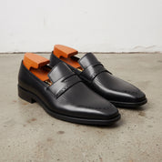 Men's Black Apron-Toe Leather Penny Loafers — Algar