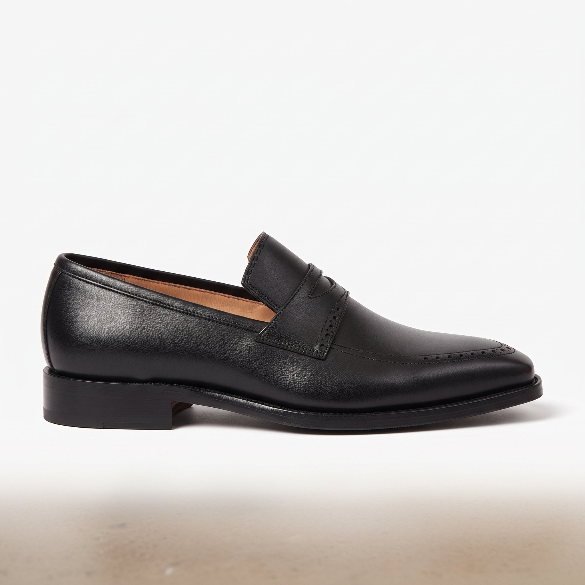 Men's Black Apron-Toe Leather Penny Loafers — Algar