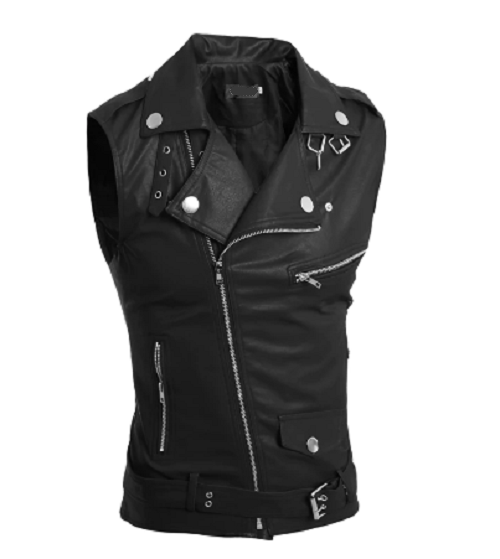 Mens Black color leather Vest, Men Sleeve less leather biker Jacket