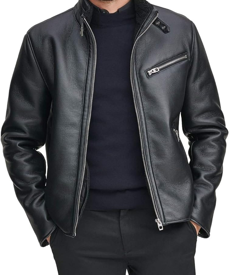 Mens black cowhide Leather Jacket , Black motorcyle leather jacket