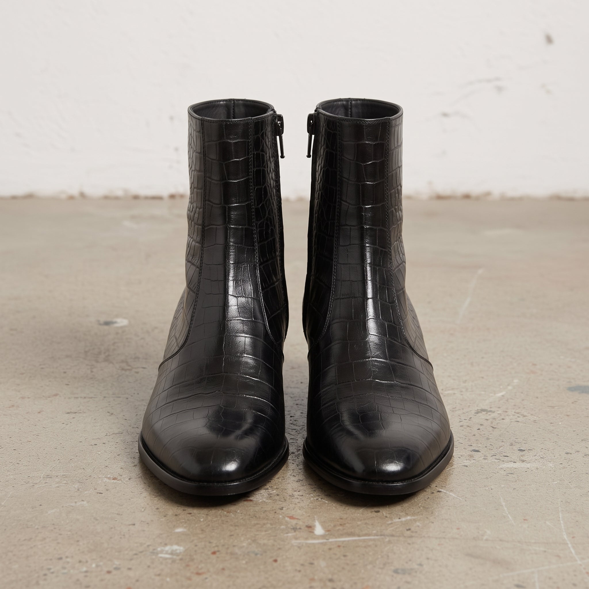 Men's Black Crocodile-Embossed Leather Zip Ankle Boots — Claydon