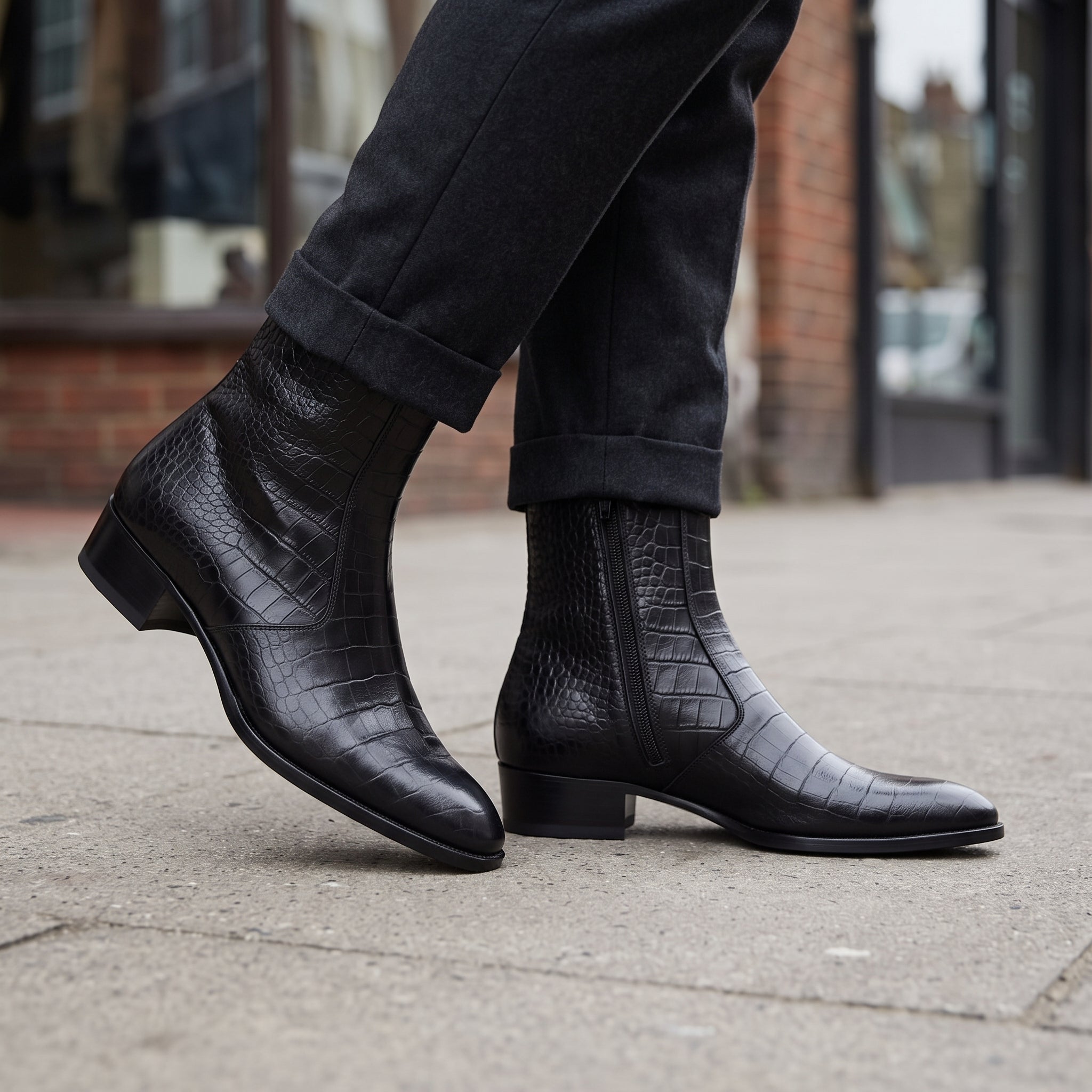 Men's Black Crocodile-Embossed Leather Zip Ankle Boots — Claydon