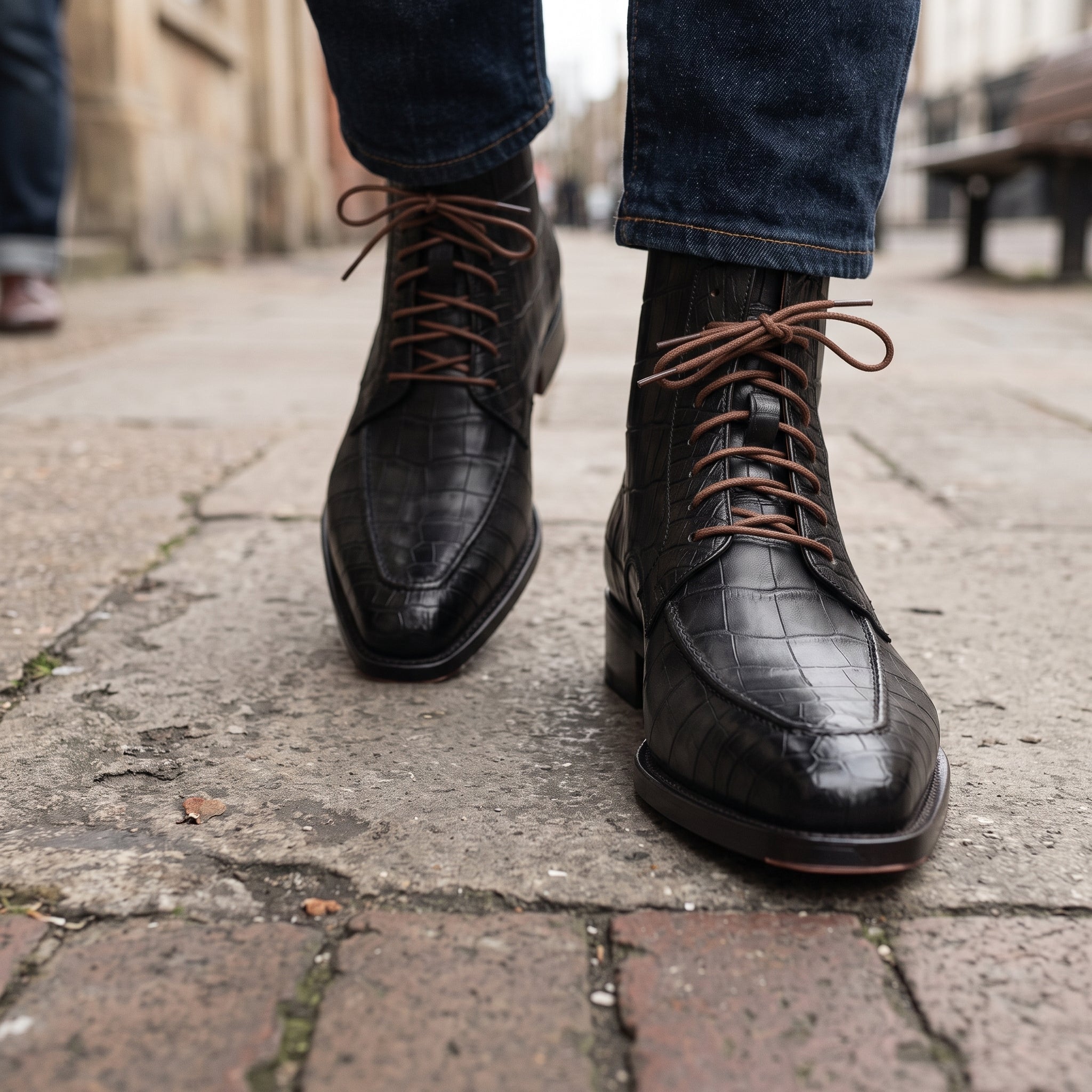 Men's Black Crocodile-Embossed Leather Ankle Boots — Elbury