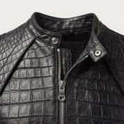 Men's Black Crocodile-Embossed Leather Biker Jacket — Malvern