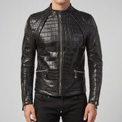 Men's Black Crocodile-Embossed Leather Biker Jacket — Malvern