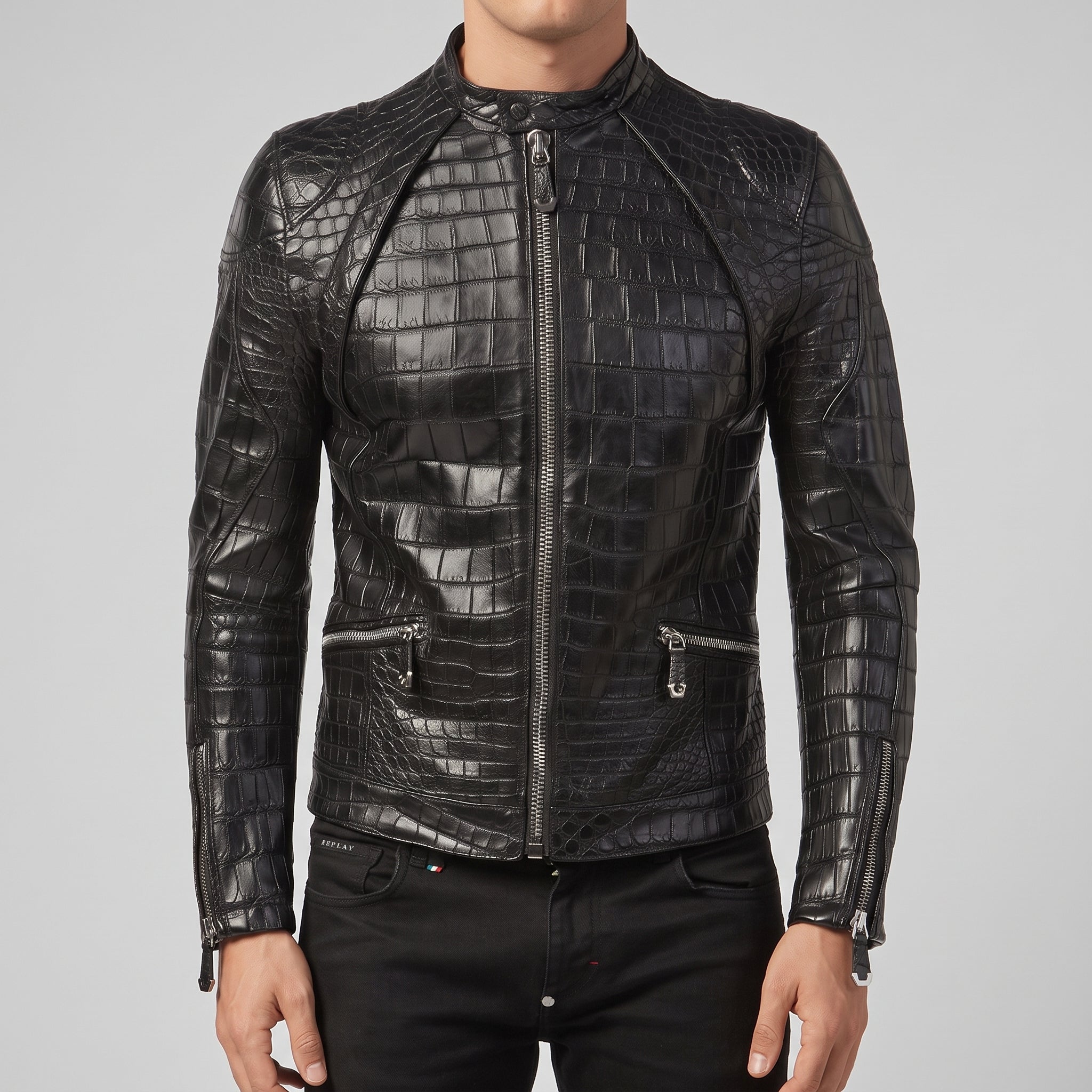 Men's Black Crocodile-Embossed Leather Biker Jacket — Malvern