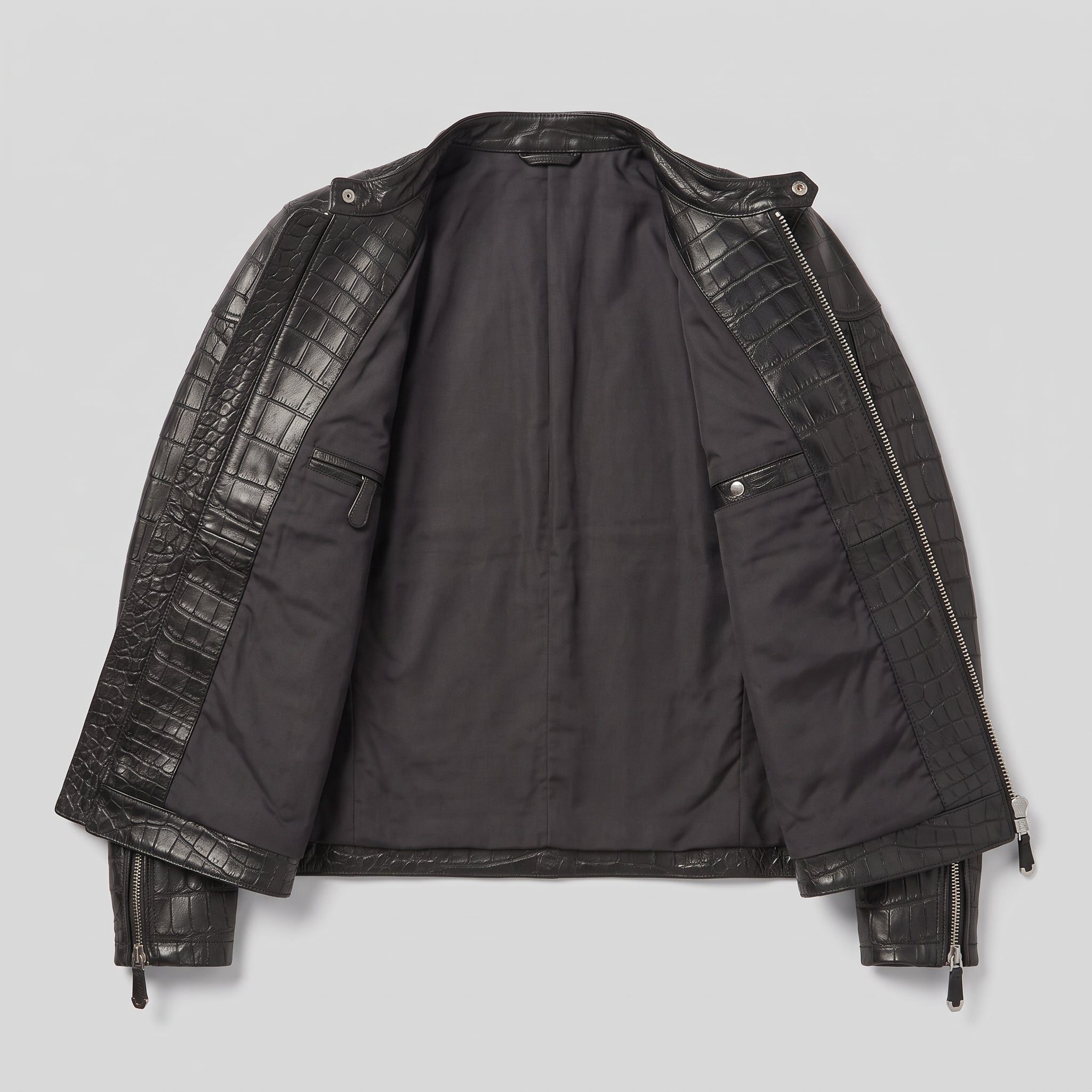 Men's Black Crocodile-Embossed Leather Biker Jacket — Malvern