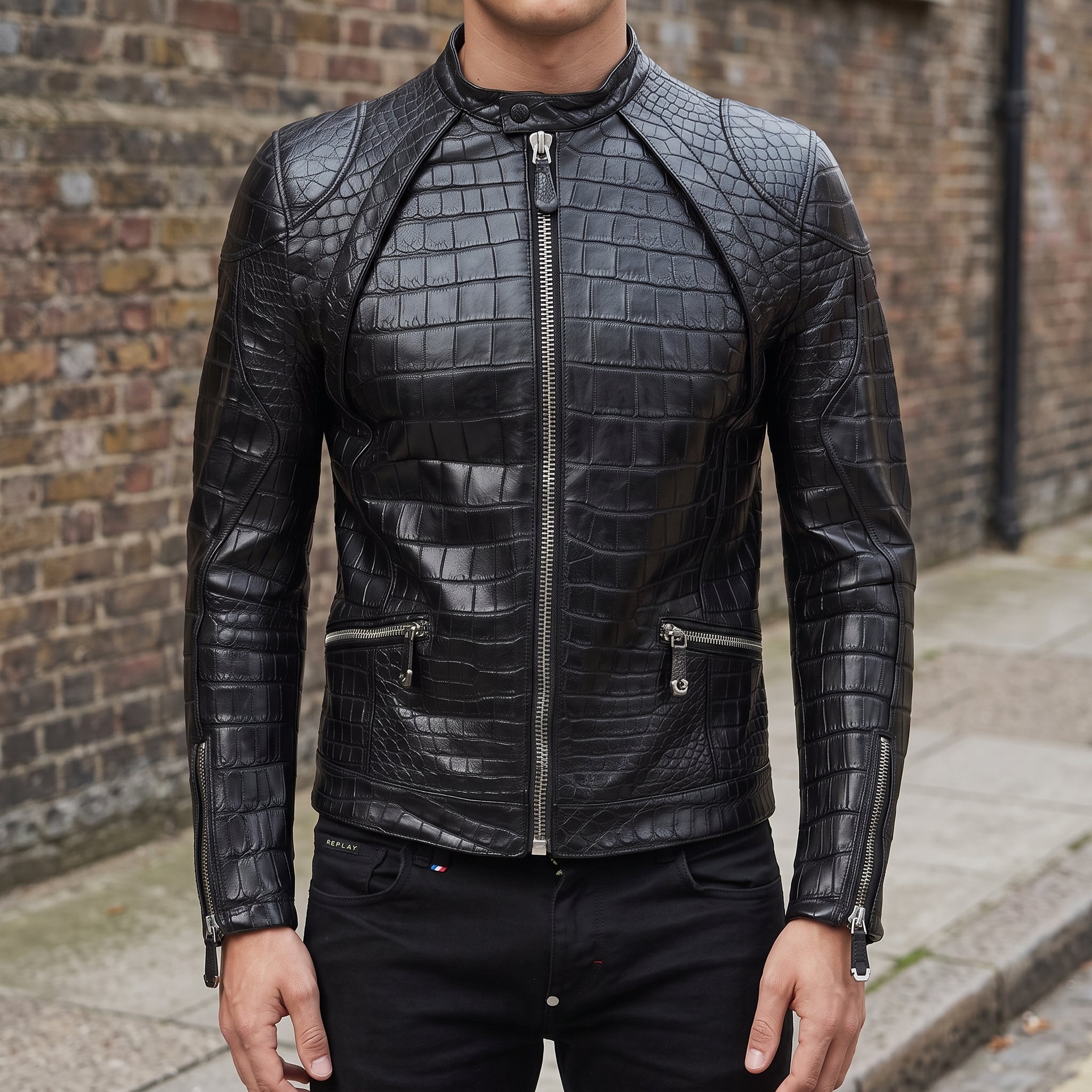Men's Black Crocodile-Embossed Leather Biker Jacket — Malvern