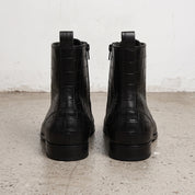 Men's Black Crocodile-Embossed Leather Lace-Up Boots — Alderton