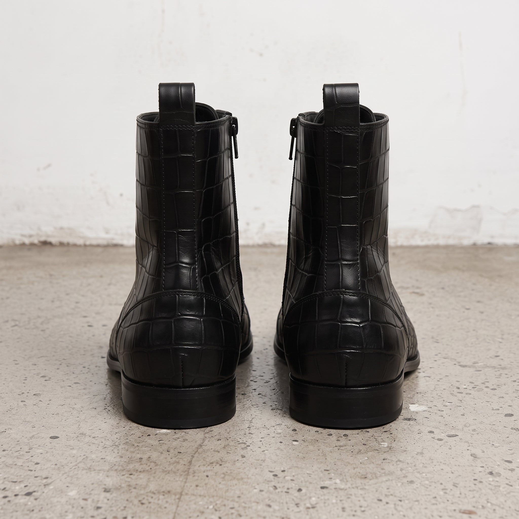 Men's Black Crocodile-Embossed Leather Lace-Up Boots — Alderton