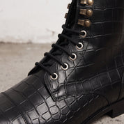 Men's Black Crocodile-Embossed Leather Lace-Up Boots — Alderton