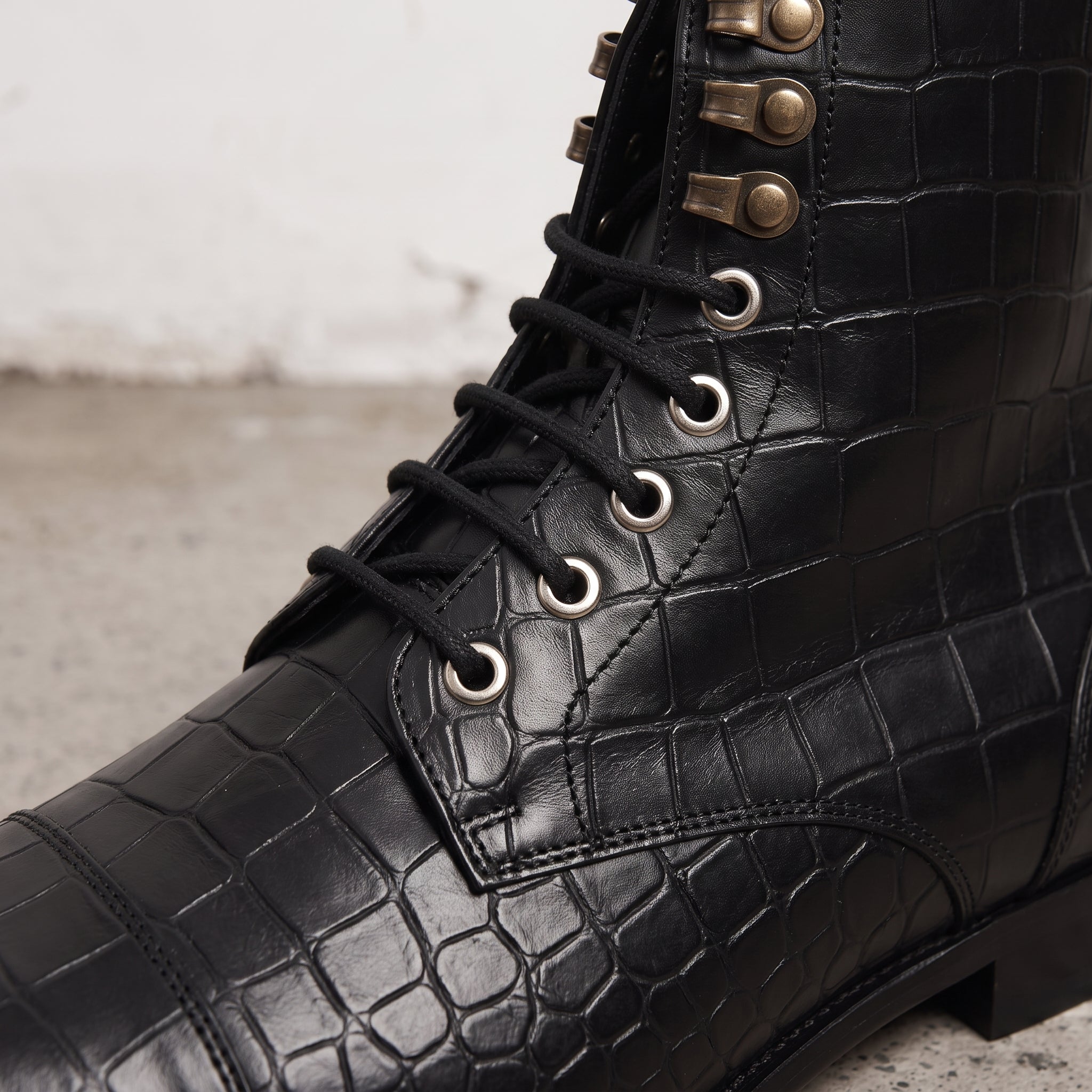 Men's Black Crocodile-Embossed Leather Lace-Up Boots — Alderton