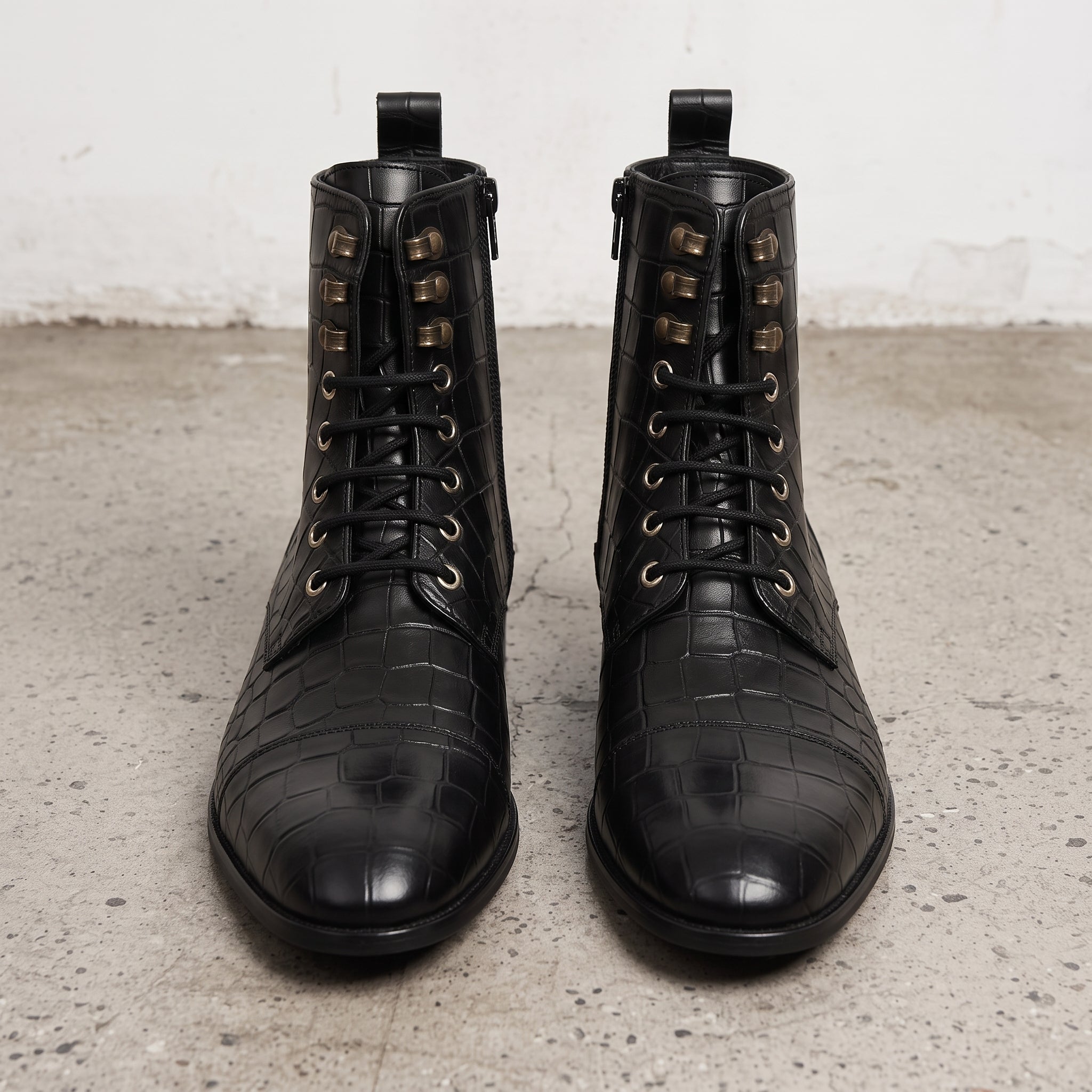 Men's Black Crocodile-Embossed Leather Lace-Up Boots — Alderton