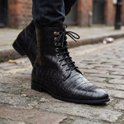 Men's Black Crocodile-Embossed Leather Lace-Up Boots — Alderton
