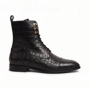 Men's Black Crocodile-Embossed Leather Lace-Up Boots — Alderton