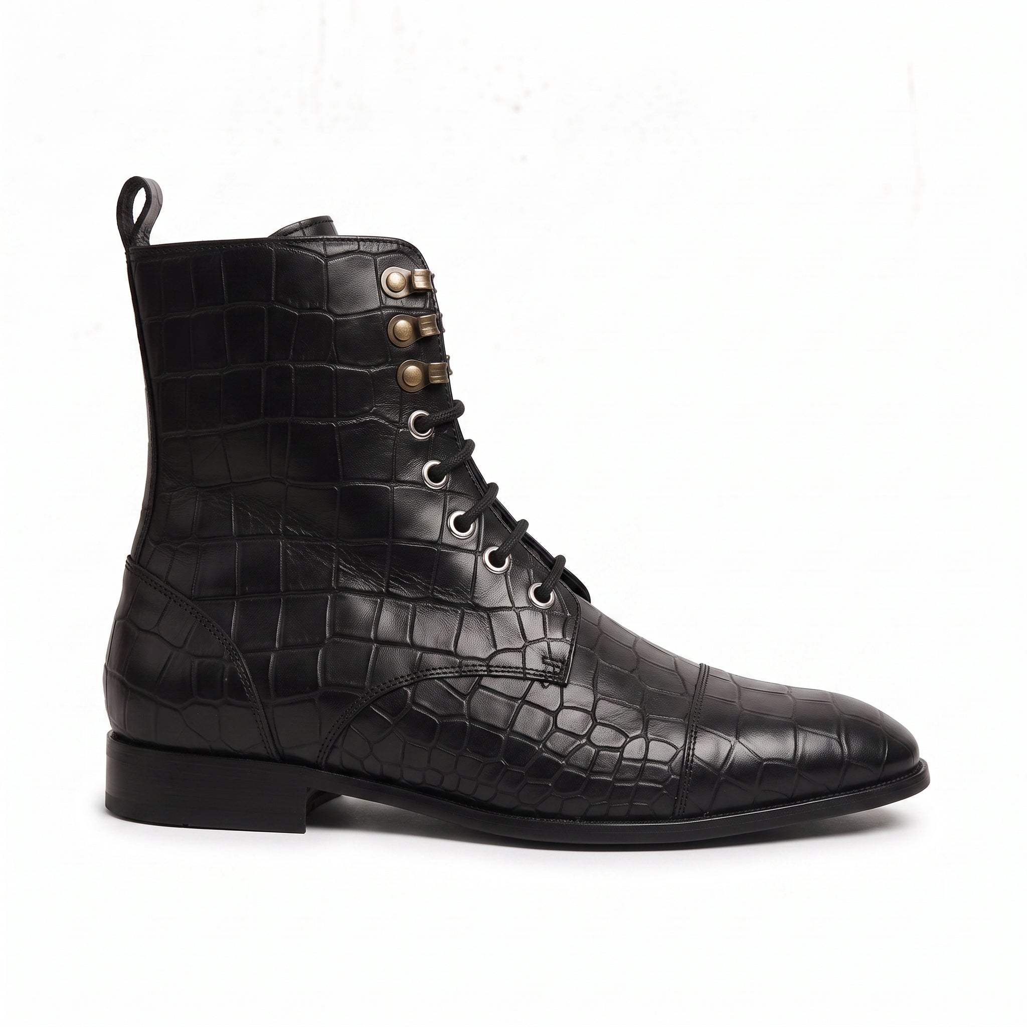 Men's Black Crocodile-Embossed Leather Lace-Up Boots — Alderton