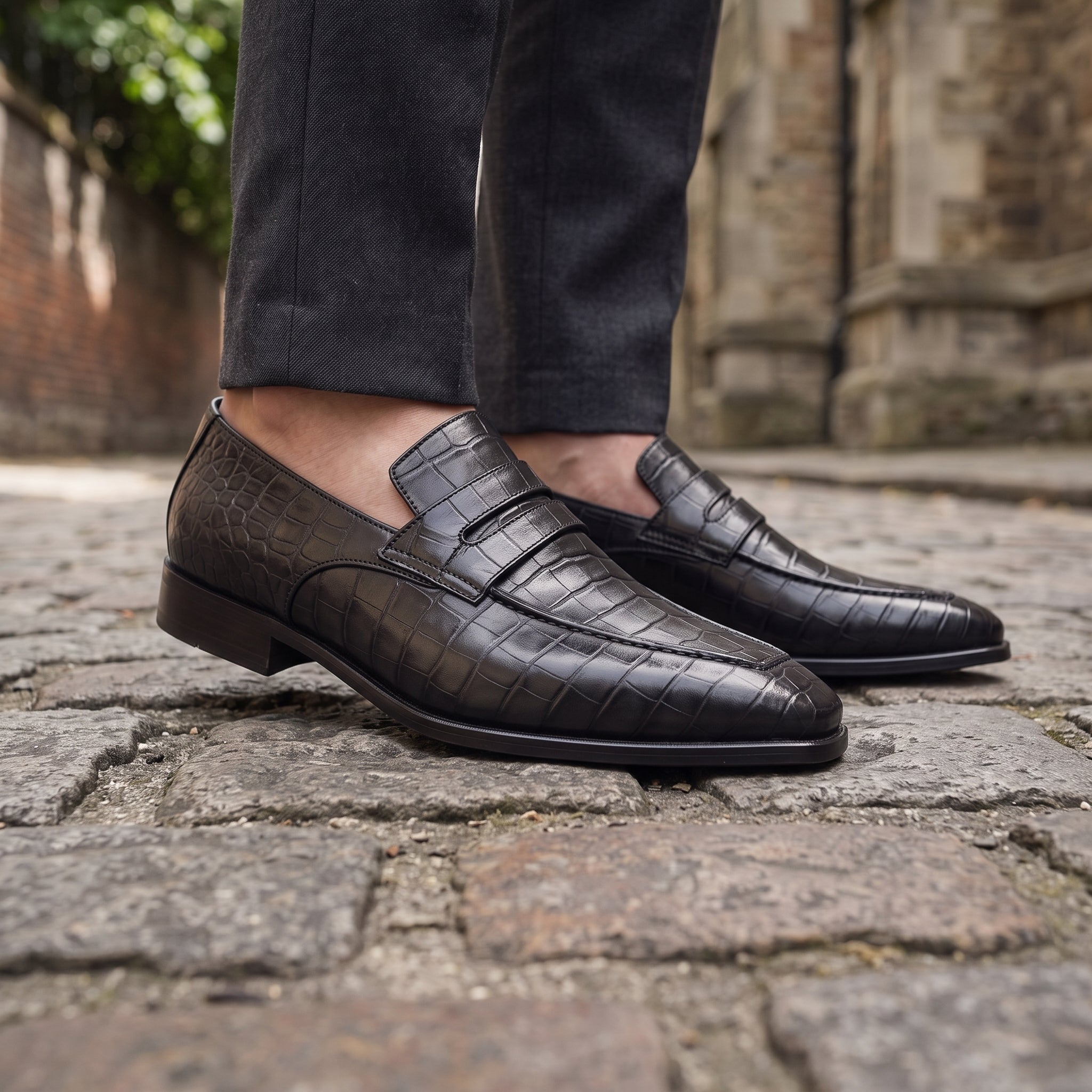 Men's Black Crocodile-Embossed Leather Penny Loafers — Harcourt