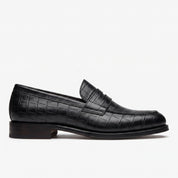 Men's Black Crocodile-Embossed Leather Penny Loafers — Harcourt