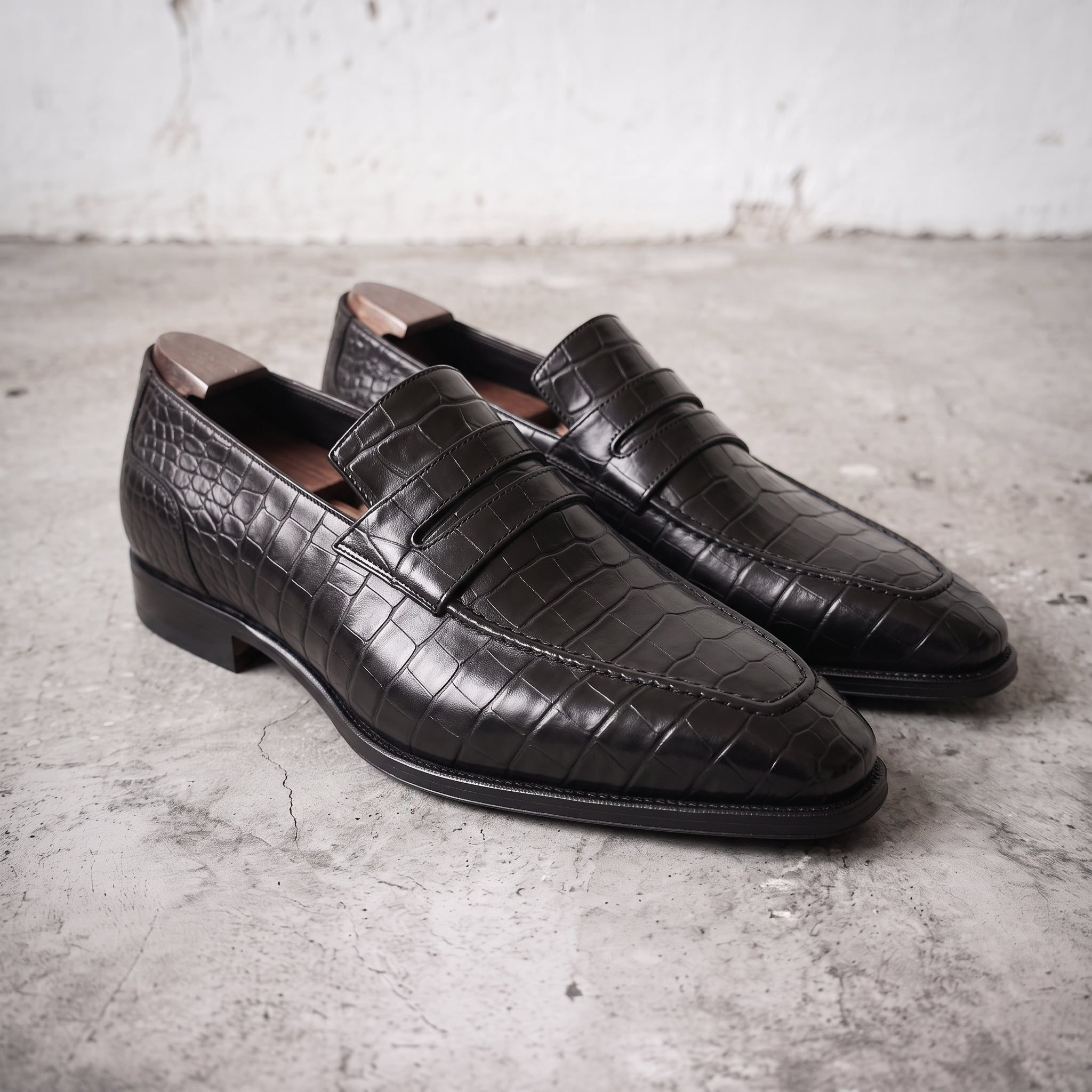 Men's Black Crocodile-Embossed Leather Penny Loafers — Haslam