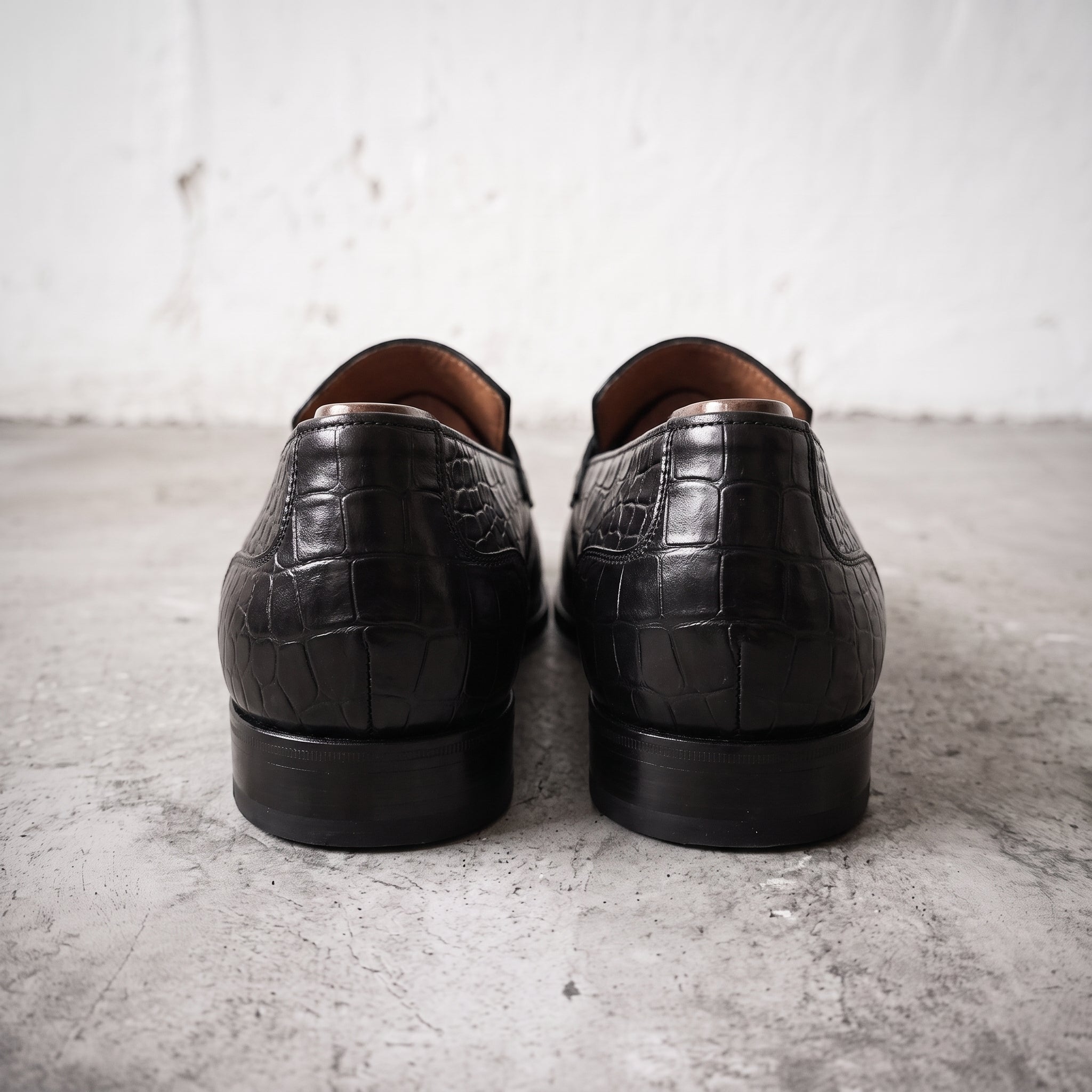 Men's Black Crocodile-Embossed Leather Penny Loafers — Haslam