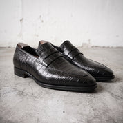 Men's Black Crocodile-Embossed Leather Penny Loafers — Haslam