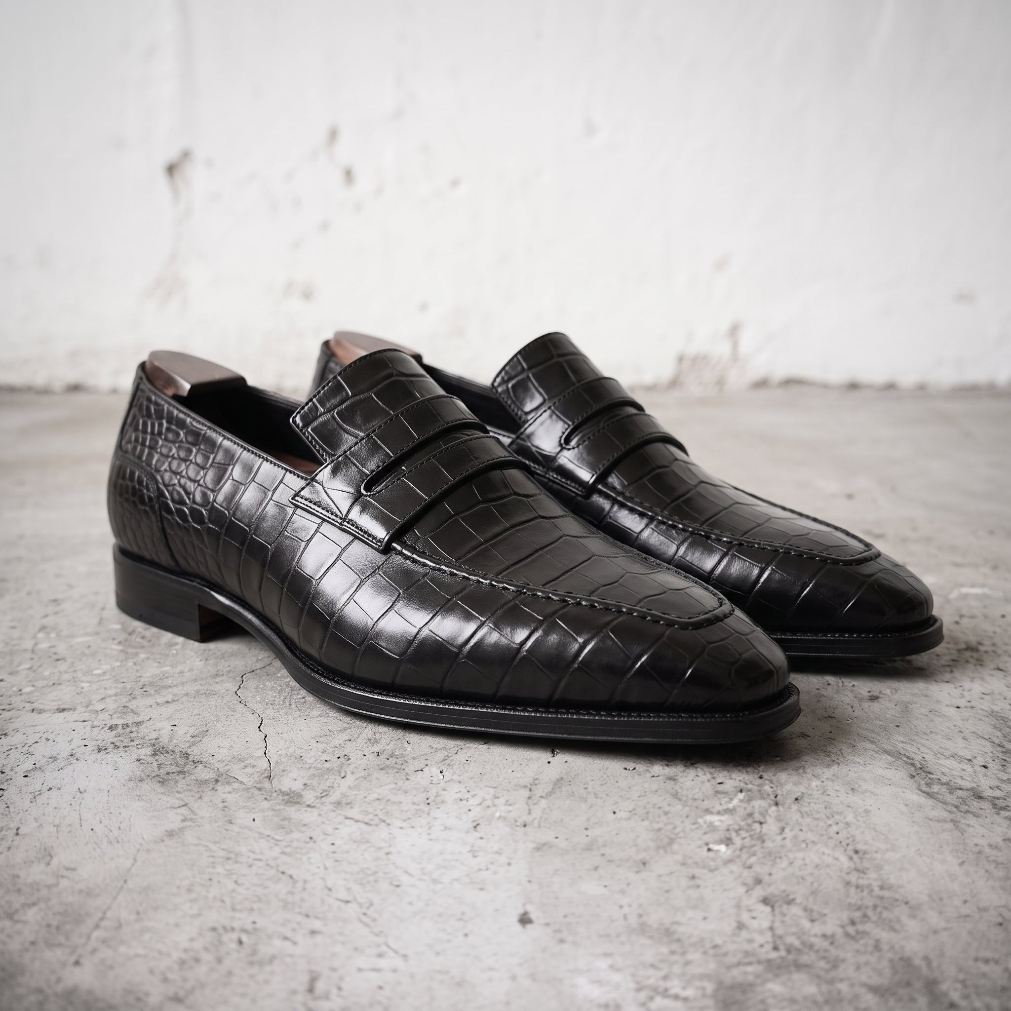 Men's Black Crocodile-Embossed Leather Penny Loafers — Haslam