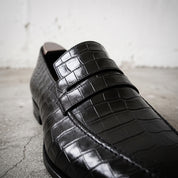 Men's Black Crocodile-Embossed Leather Penny Loafers — Haslam