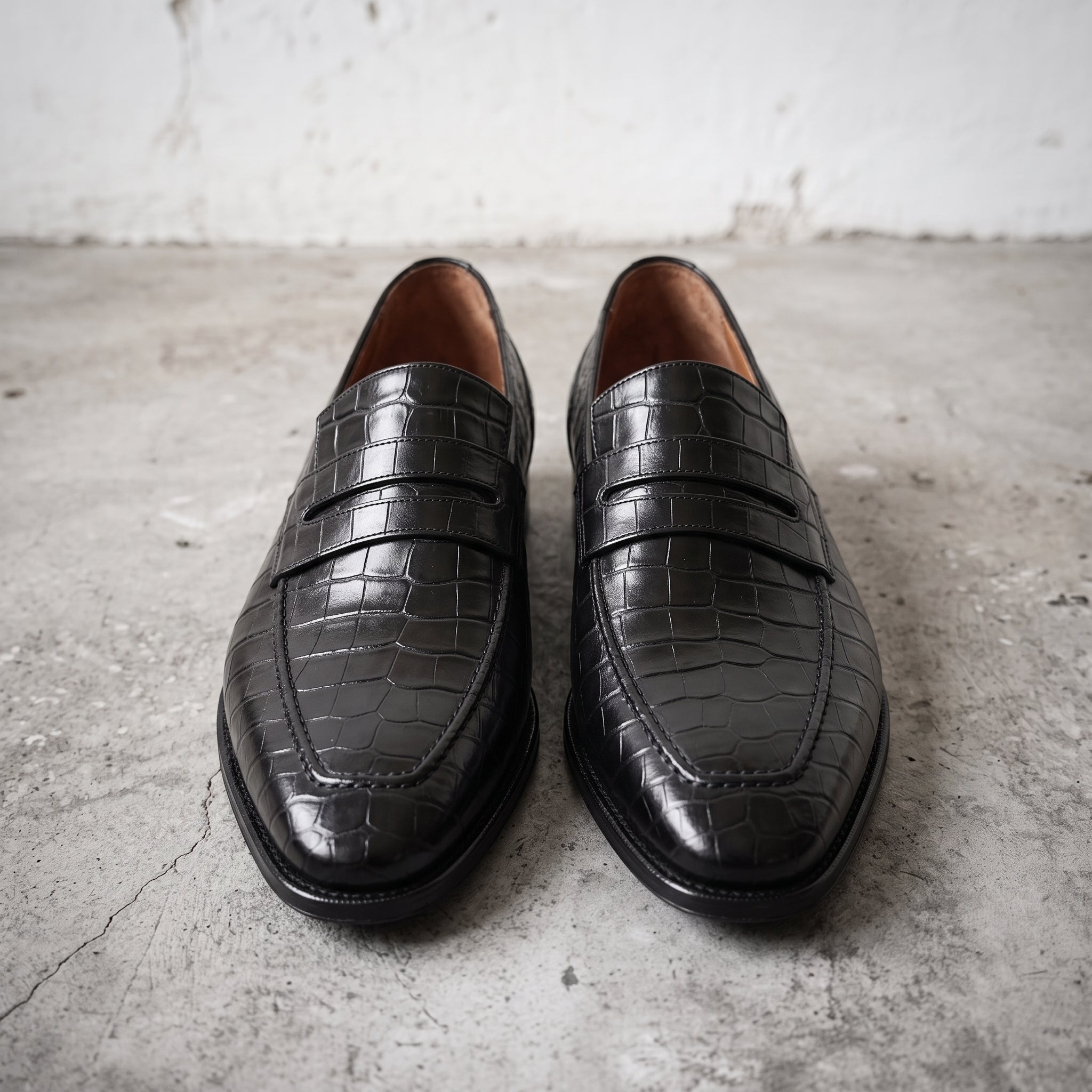 Men's Black Crocodile-Embossed Leather Penny Loafers — Haslam