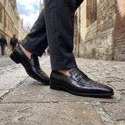 Men's Black Crocodile-Embossed Leather Penny Loafers — Haslam