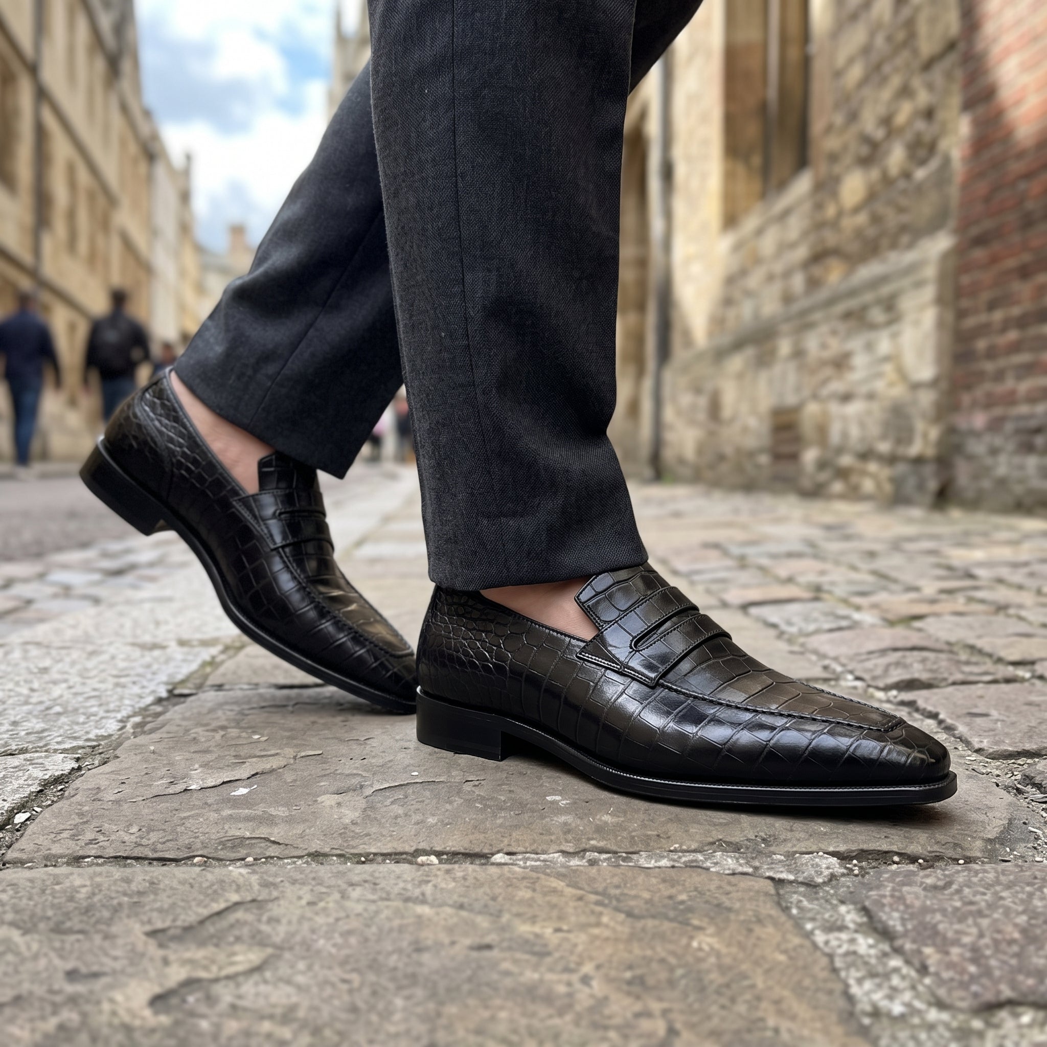 Men's Black Crocodile-Embossed Leather Penny Loafers — Haslam