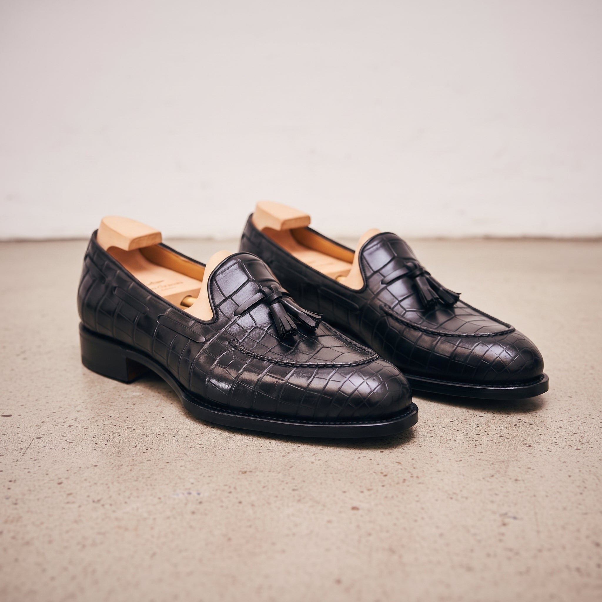 Men's Black Crocodile-Embossed Leather Tassel Loafers — Claverham
