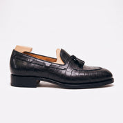 Men's Black Crocodile-Embossed Leather Tassel Loafers — Claverham