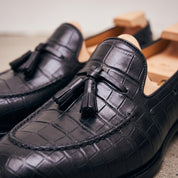 Men's Black Crocodile-Embossed Leather Tassel Loafers — Claverham