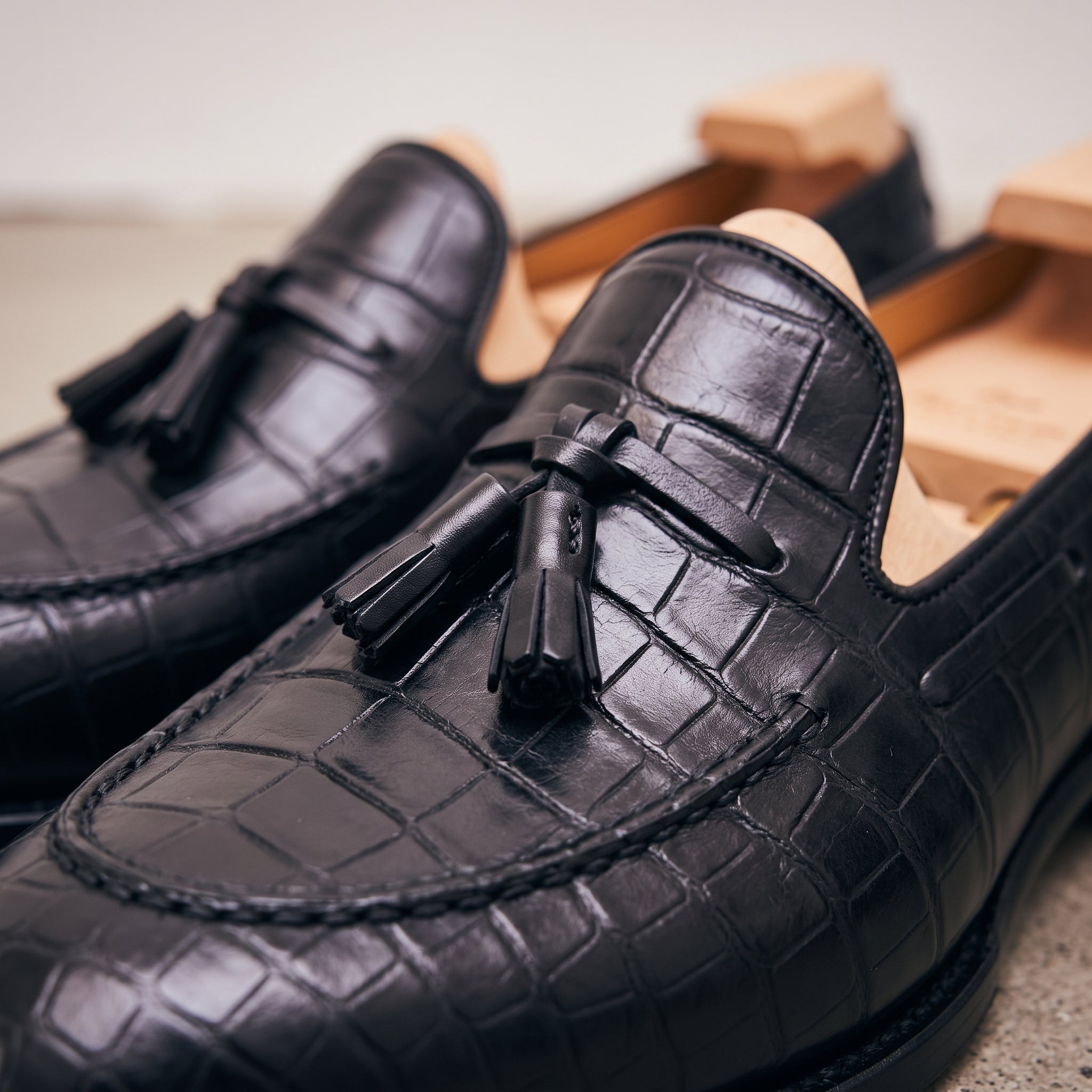 Men's Black Crocodile-Embossed Leather Tassel Loafers — Claverham
