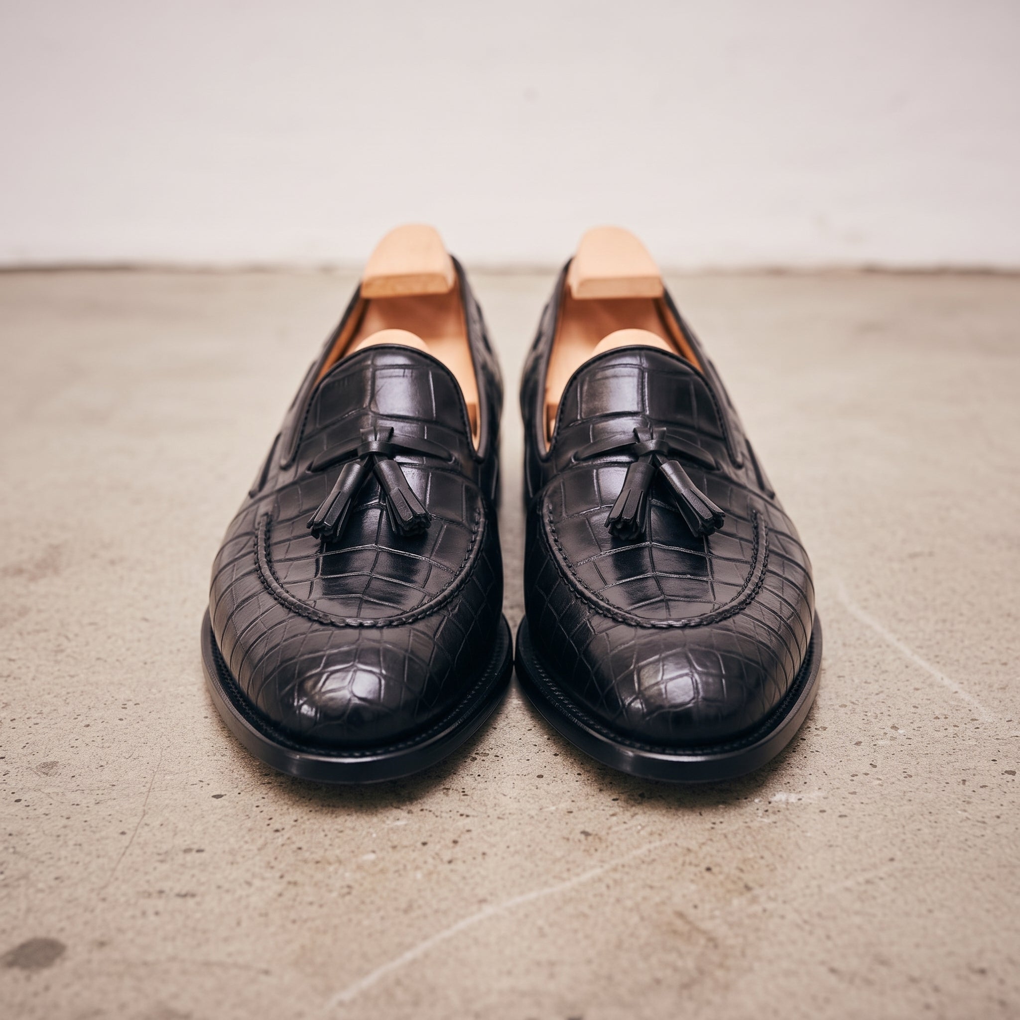 Men's Black Crocodile-Embossed Leather Tassel Loafers — Claverham