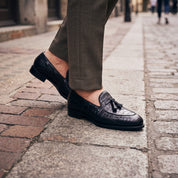 Men's Black Crocodile-Embossed Leather Tassel Loafers — Claverham