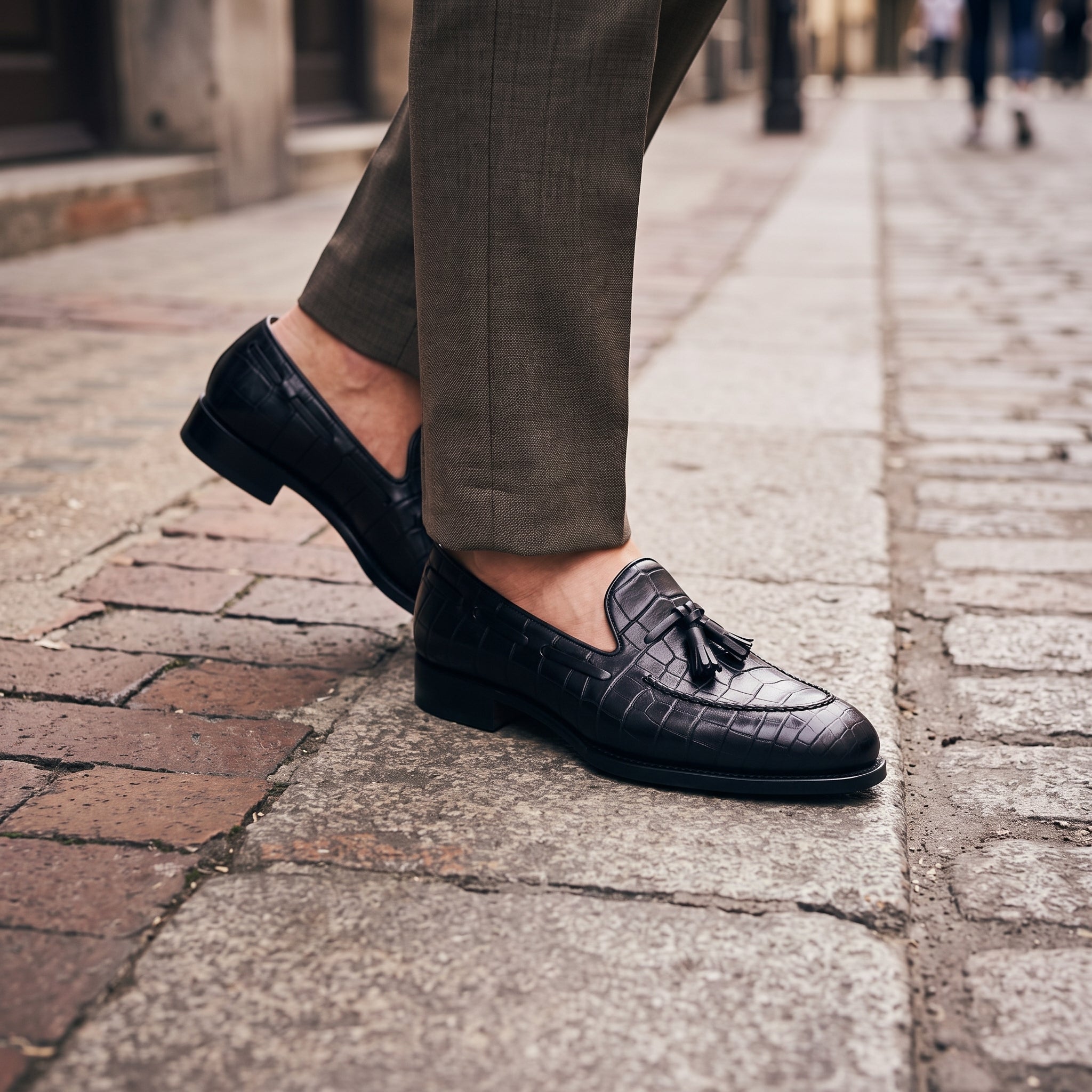 Men's Black Crocodile-Embossed Leather Tassel Loafers — Claverham