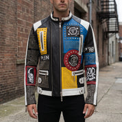 Men's Black Diamond Studded Leather Biker Jacket — Hoxley