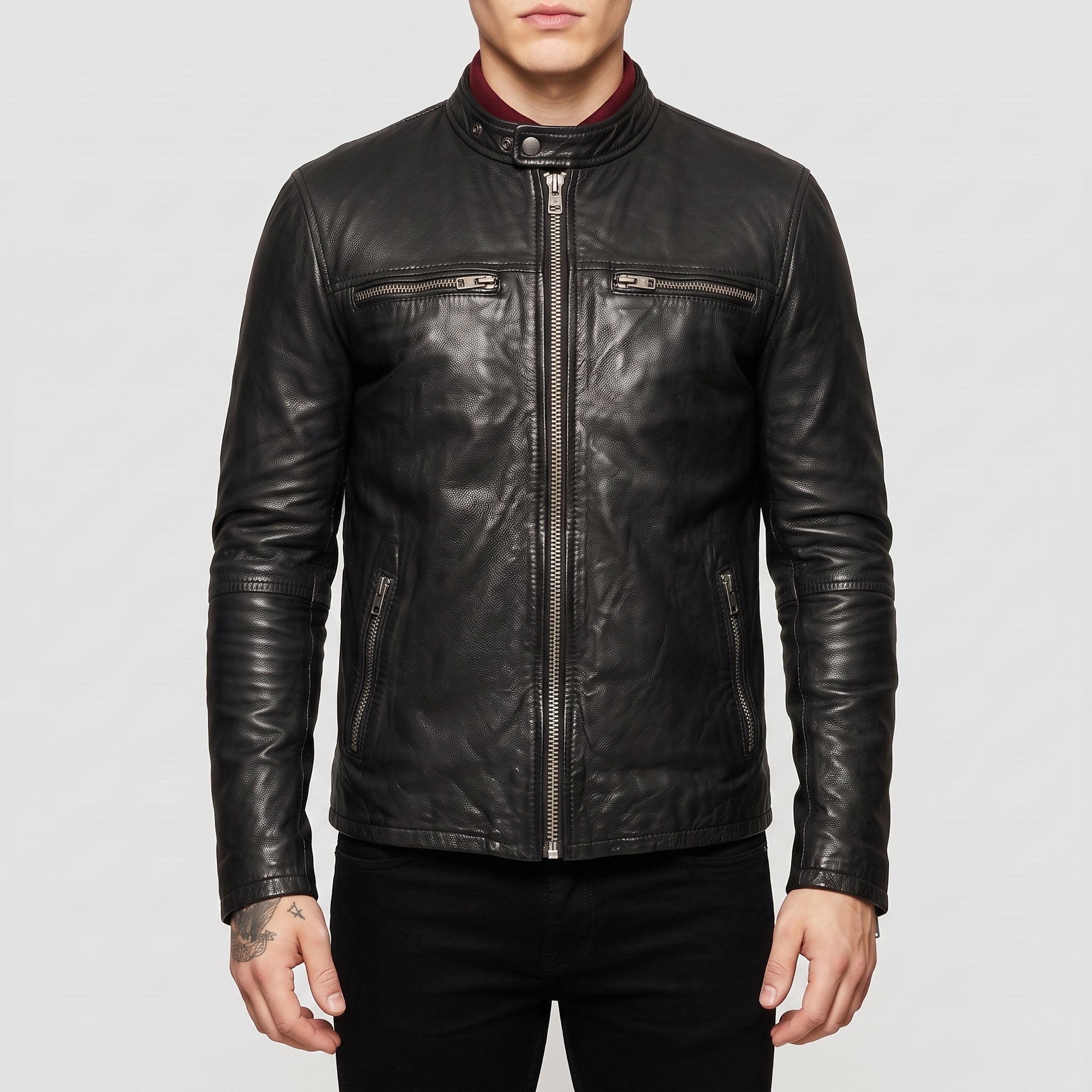 Men's Black Leather Cafe Racer Jacket — Appleford