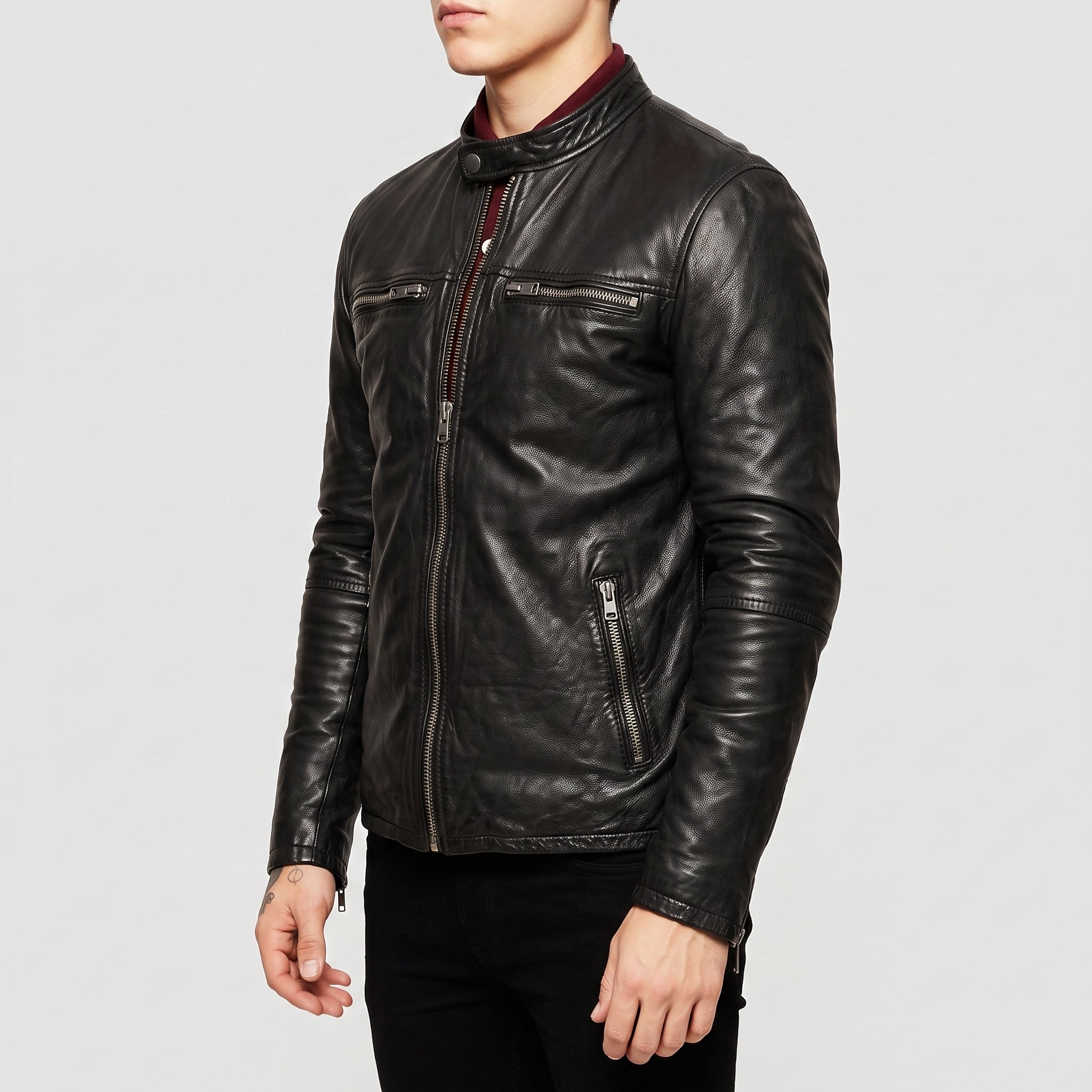 Men's Black Leather Cafe Racer Jacket — Appleford