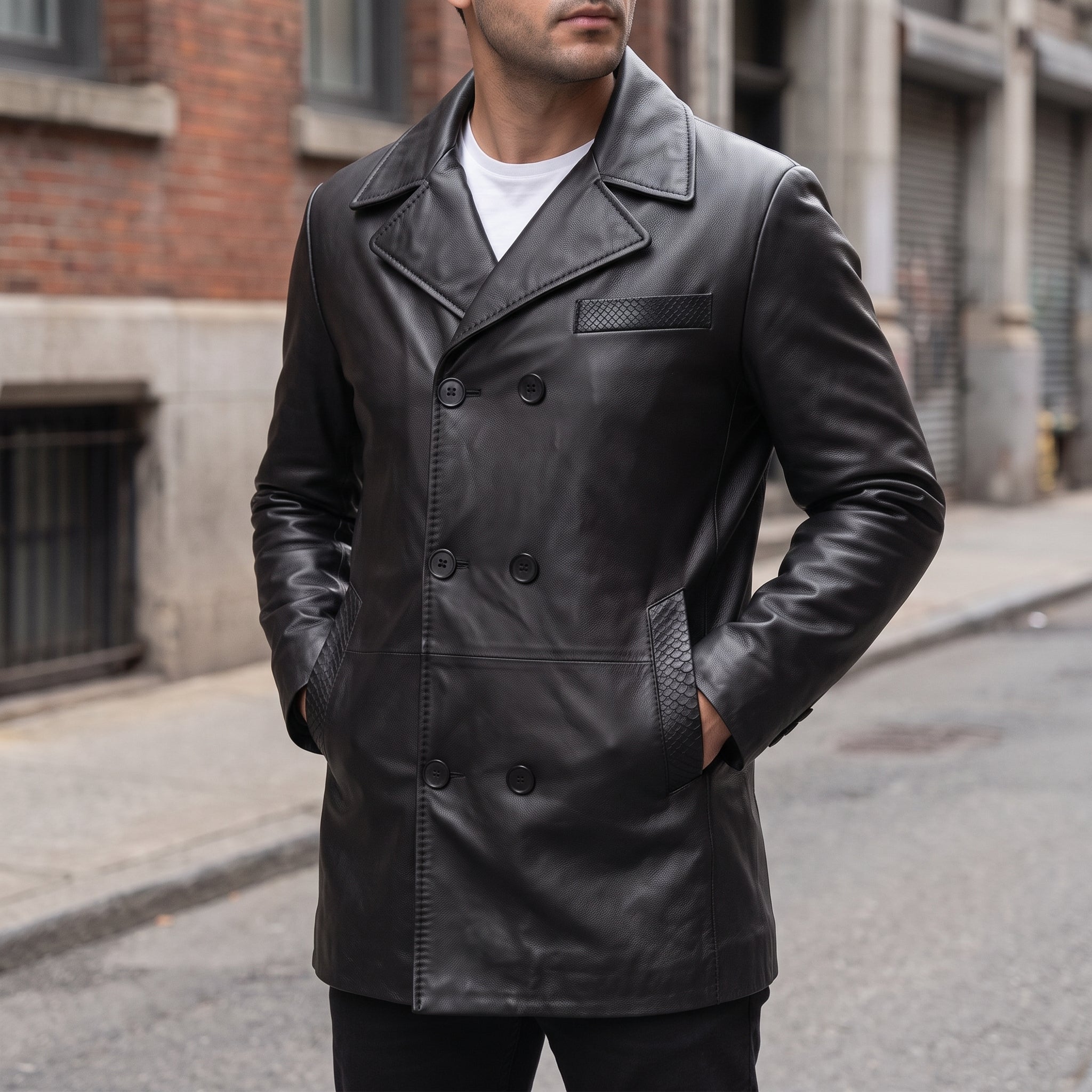 Men's Black Double-Breasted Leather Biker Jacket — Pomeroy