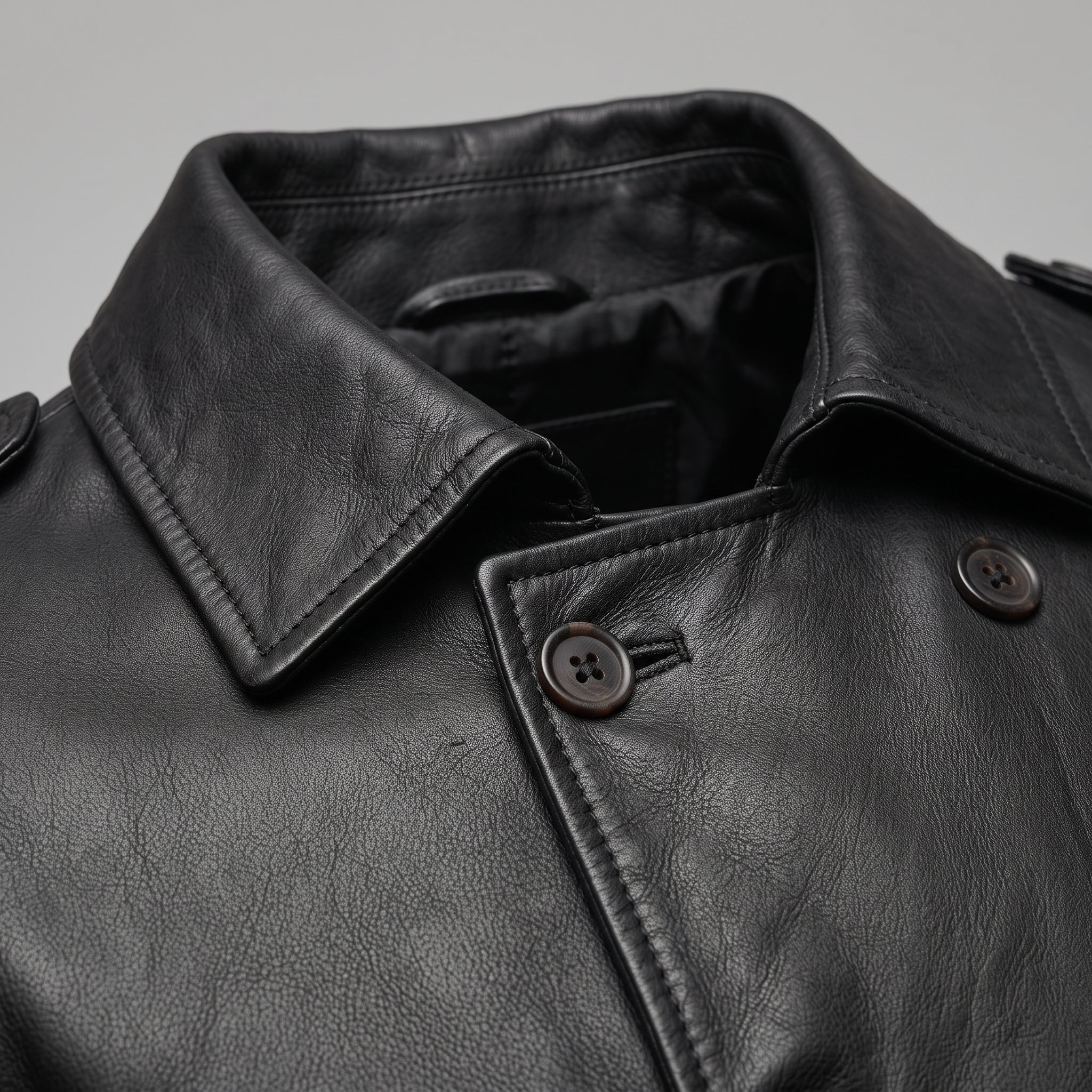 Men's Black Double-Breasted Leather Pea Coat Jacket — Henley