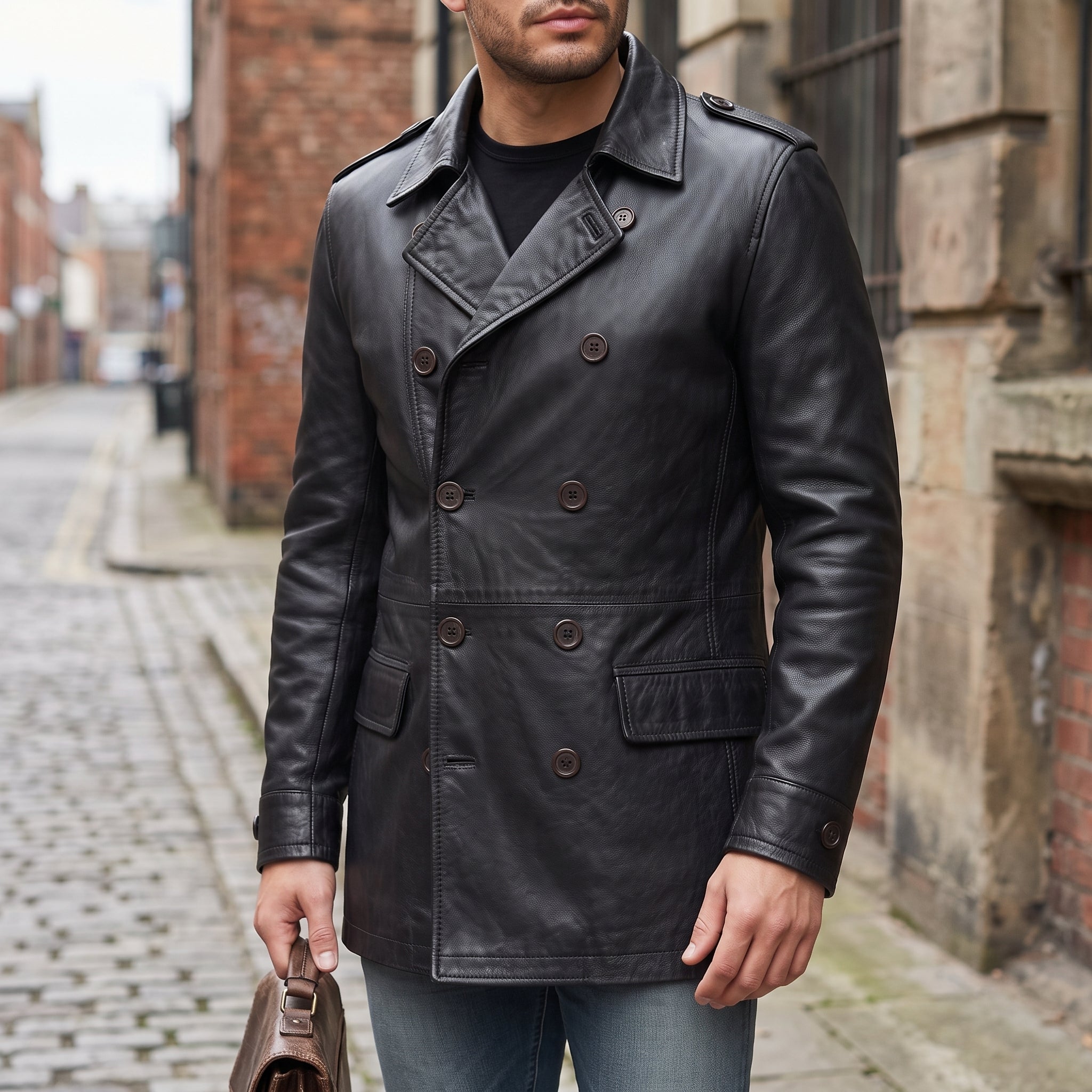 Men's Black Double-Breasted Leather Pea Coat Jacket — Henley