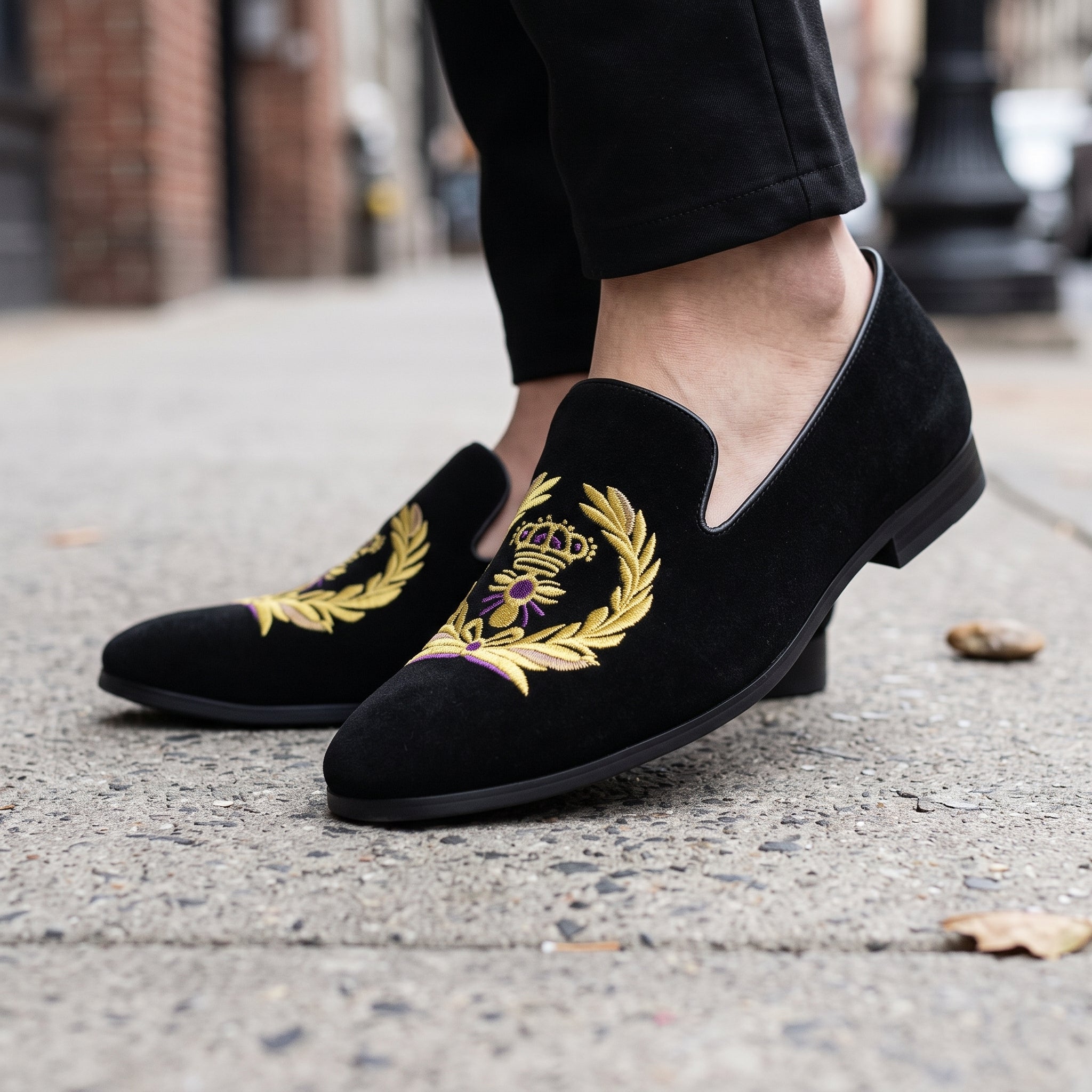 Handcrafted Men's Black Embroidered Velvet Loafers