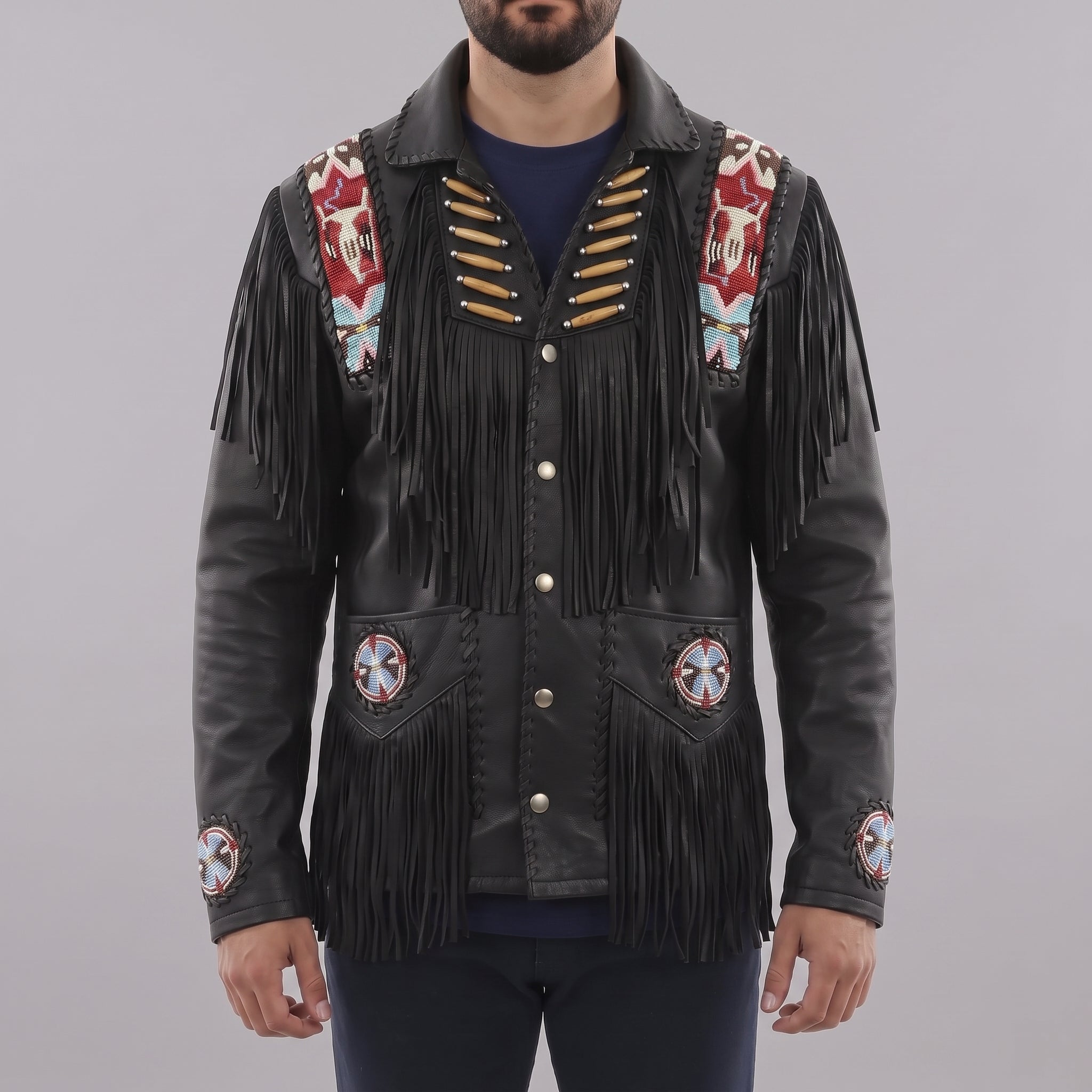 Men's Black Fringed Leather Western Jacket — Hanford