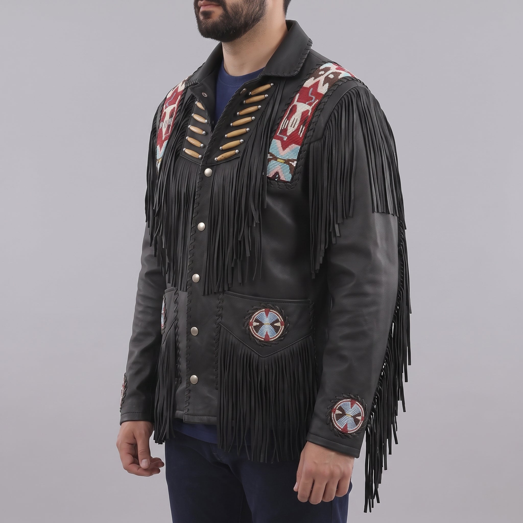 Men's Black Fringed Leather Western Jacket — Hanford