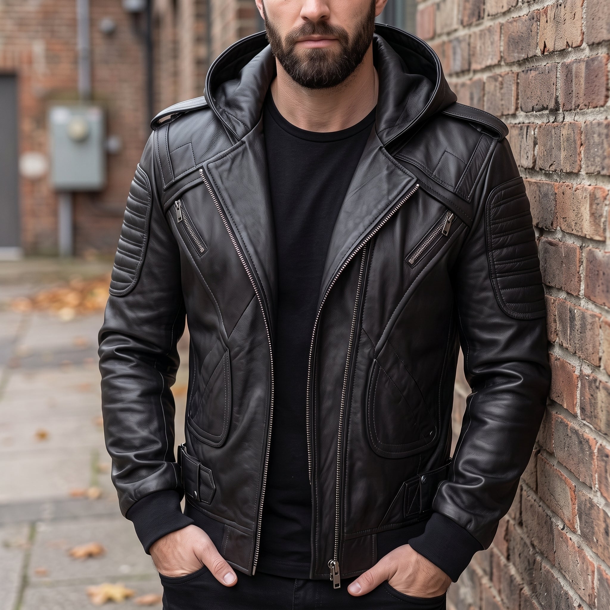 Men's Black Hooded Leather Biker Jacket — Abbercourt